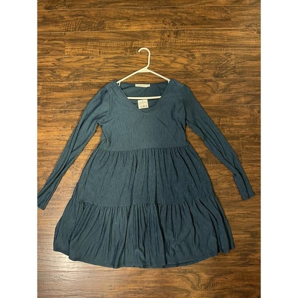 Lush V Neck Crepe Shift Dress Size S Long Sleeve Teal Peacock Boho New - Picture 1 of 3